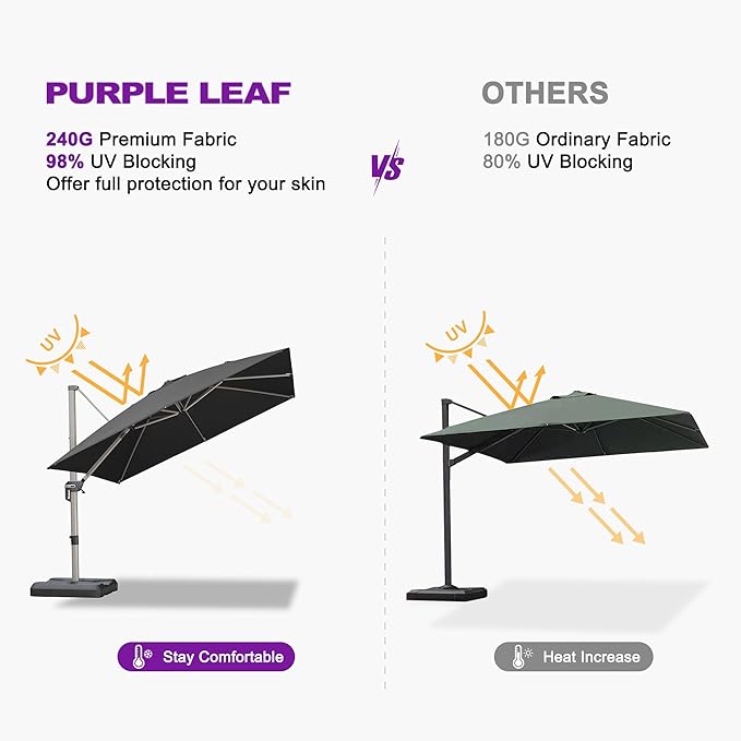 PURPLE LEAF 9' X 11' Patio Umbrella, Rectangle Outdoor Cantilever Umbrella, Aluminum Offset Umbrella with Champagne Frame and 360° Rotation for Pool Deck Garden, Black
