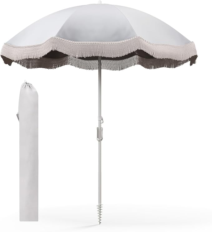 6.5 FT Outdoor Fringe Umbrella, UV 50+ Protection Boho Umbrella with Sand Anchor, Tilt Sun Shelter& 8 Ribs, Portable Beach Umbrella with Carry Bag, Vintage Patio Umbrella for Deck Poolside