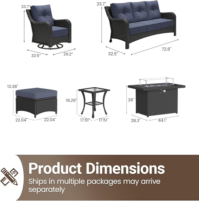 7 Pieces Outdoor Furniture Set with 6-inch Cushions, High Back Wicker Swivel Rocker Chairs with Fire Pit Table, Luxury Conversation Set for Deck Patio and Poolside