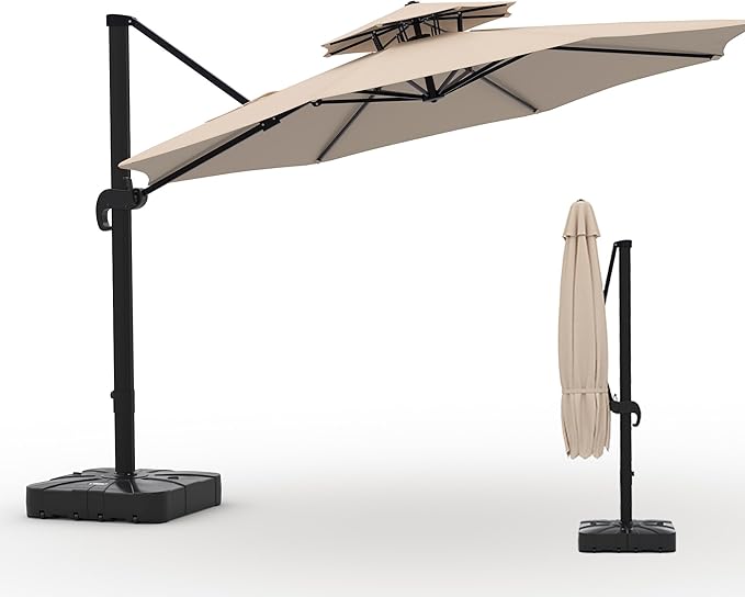 10x10 FT Round Outdoor Umbrella with Base, Cantilever Patio Umbrella with 360° Rotation & Adjustable Height, Heavy Duty Aluminum Umbrella Outdoor Patio for Garden Poolside,Khaki