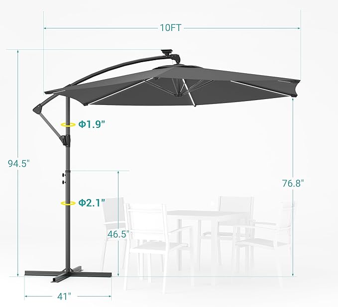 10ft Offset Patio Umbrella with Solar Light Strips,Outdoor Cantilever Hanging Umbrella with Cross Base, Fade Resistant Recycled Fabric, for Pool, Deck, Garden,Backyard,