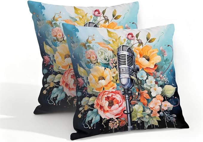 16x16 Inch Outdoor Pillow Covers Set of 2 Waterproof Throw Pillow Covers Decorative Couch Cushion Covers Microphone Floral Square Pillowcases Protectors for Patio Garden Sofa