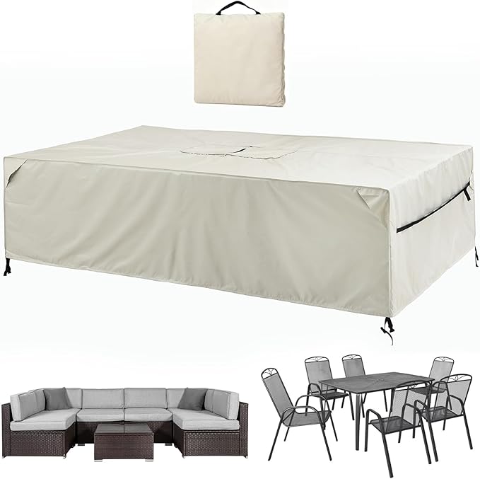 Patio Furniture Covers Waterproof - 420D Outdoor Table and Chair Set Cover with Built-in Storage Bag - Rectangular Patio Table Cover for 6-Seat Dining Set or Sectional Sofa - Beige