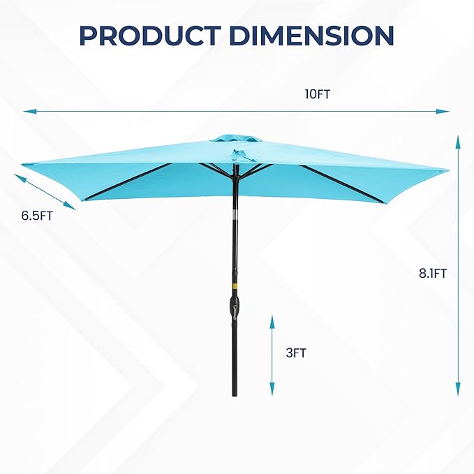 Kiss the Water 6.5' x 10' Patio Umbrella, Rectangular Outdoor Umbrella, Metal Pole Pool Umbrella with Crank and Push Button Tilt, Large Patio Umbrella with Polyester Canopy