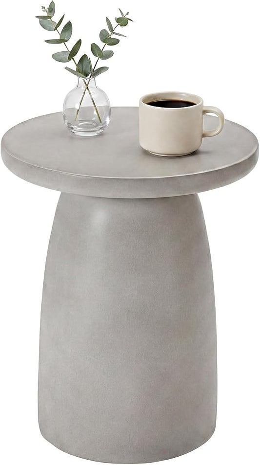 HOMPUS Outdoor Side Table, Concrete Side Table Faux Stone Hourglass Shaped, Patio Round Accent Table, Lightweight MgO Circular Coffee Table Garden Tool for Home Decor, Porch and Deck, Grey
