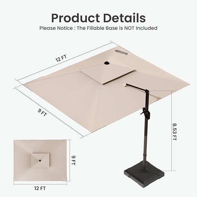 9x12 FT Cantilever Patio Umbrella with Base and Led Lights Double Top Outdoor Rectangular Large Heavy Duty Aluminum Offset Umbrellas with 7 Level Tilt 360-degree Rotation for Pool Garden Deck, Beige