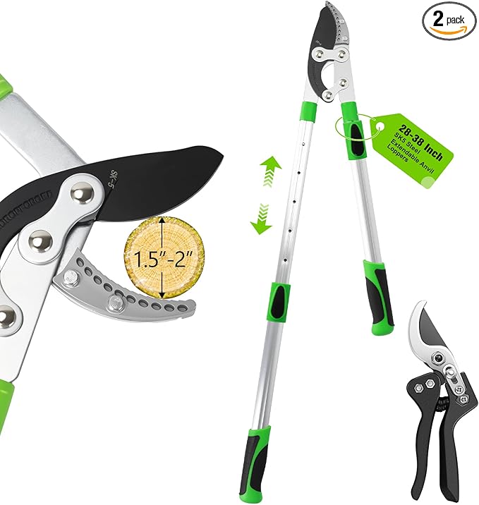 Loppers for Tree Trimming Heavy Duty 28-38" SK5 Steel Anvil Loppers With Extendable Aluminum Handle & Pruning Shears Set Tree Branch Cutter Up To 1.5-2"Diameter Trimmer Tools for Garden Yard Branches
