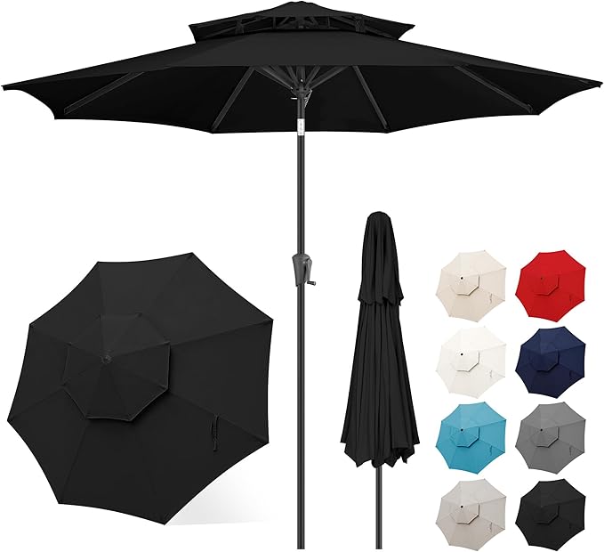 FLAME&SHADE 9ft Patio Umbrella - 2 Tiers Outdoor Umbrella with Push Button Tilt and Crank for UV Protection, Table Market Umbrella for Garden, Deck, Backyard, Pool and Beach(Black)