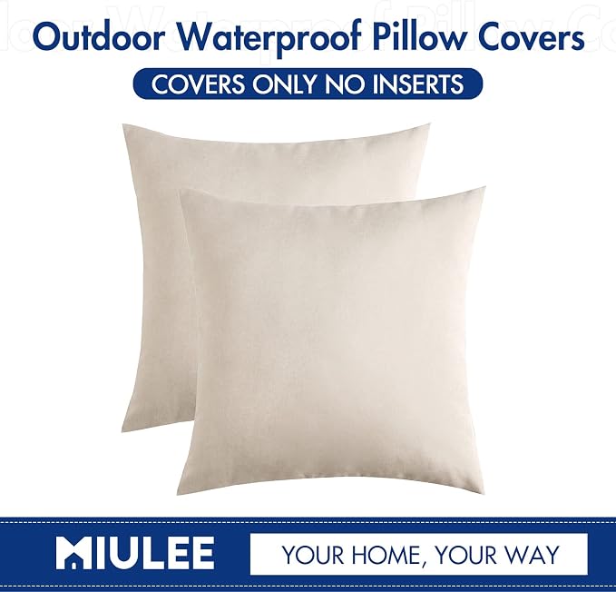 MIULEE Pack of 2 Decorative Outdoor Waterproof Throw Pillow Covers 18x18 inch Beige with 2 Packs of Outdoor Pillow Inserts
