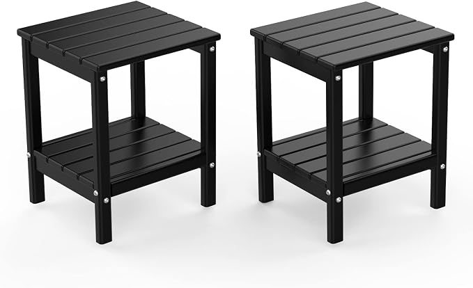 BRIOPAWS Outdoor-Side-Tables | Set of 2 | Small | HDPE Plastic | Patio End-Table | 2-Shelf Adirondack Outside Tables | All Weather | for Poolside Front Porch Indoor Living Room | 14" x 13" | Black