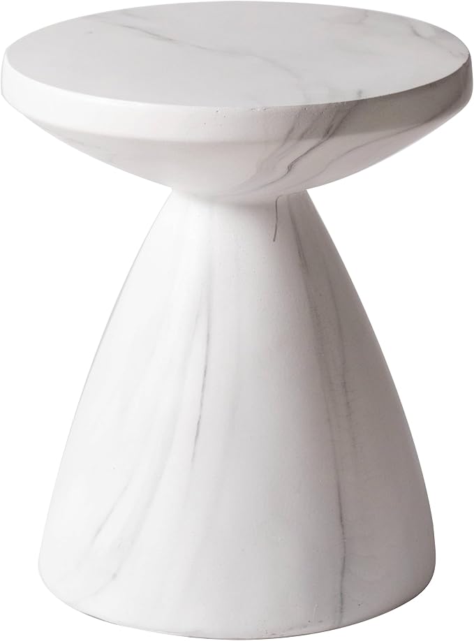 LeisureMod Modern Side Lightweight Fiberstone Top 20” Round Accent Table and Hourglass Pedestal Base for Outdoor, Home, Living Room Dune Series in Marble White