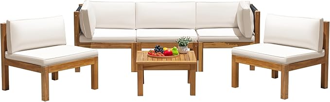 Greesum 6 Piece Outdoor Acacia Sofa Waterproof Cushions and Table, Padded Patio Conversation and Chairs Set for Garden, Backyard, Poolside, Beige