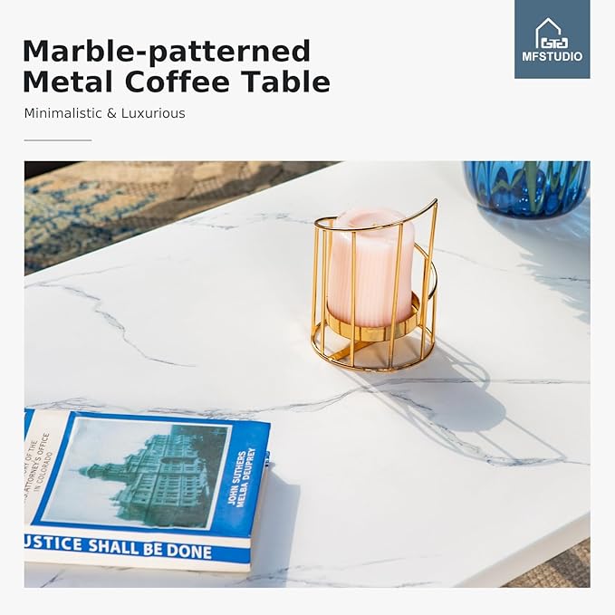 MFSTUDIO 4 Pieces Patio Conversation Set, 5 Seats Metal Patio Furniture Sets with 1 x 3-Seat Sofa, 2 Single Chairs,1 Coffee Table, All Weather Patio Sets with 5.75inch Peacock Blue Cushion for Garden