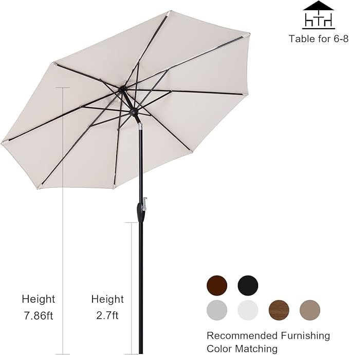 Tempera Striped Patio Umbrellas Outdoor Table Market Umbrellas with Crank & Pust Button Tilt|Auto-Tilt, 8 Steel Ribs, High Color-Fastness Canopy