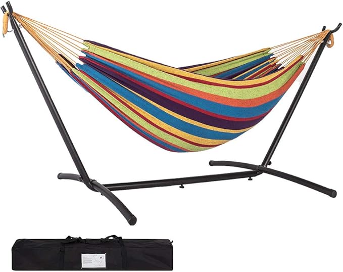 Hammock with Stand for Outside, Heavy Duty Space Saving Steel Stand with 450 lb Capacity,Double Hammock with Portable Carrying Bag, Hamacas para Adultos for Outdoors, Patio, Garden, Yard