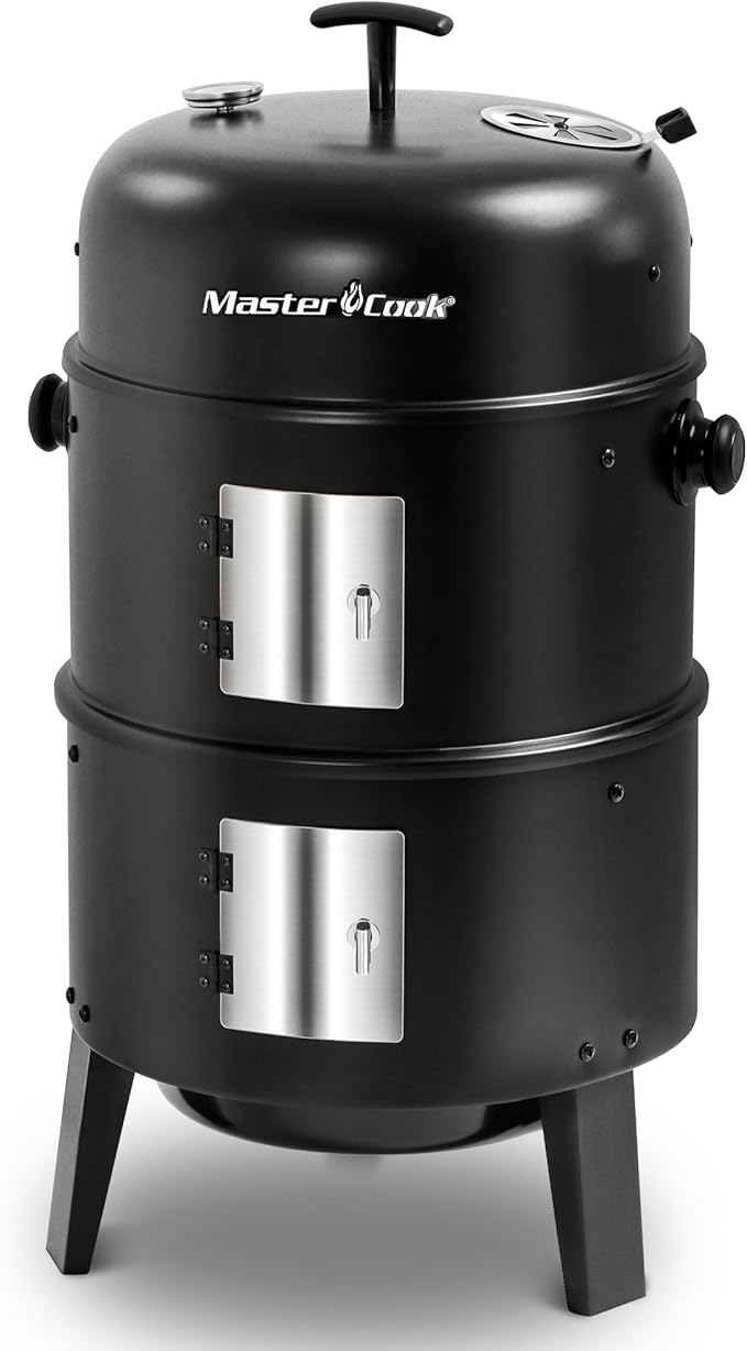 MASTER COOK 16 inch Charcoal Smoker, Vertical BBQ Grill, Heavy Duty 4 In 1 Fire Pit with built-in Thermometer & Adjustable Vent System for Backyard Patio Camping