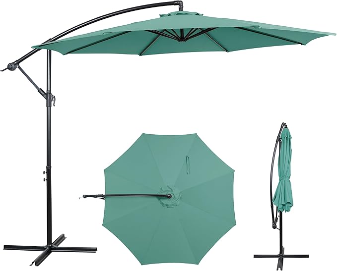 10FT Offset Patio Umbrella, Cantilever Hanging Umbrella with Infinite Tilt, Fade-Resistant Water-Repellent Canopy & Cross Base for Yard, Garden & Deck