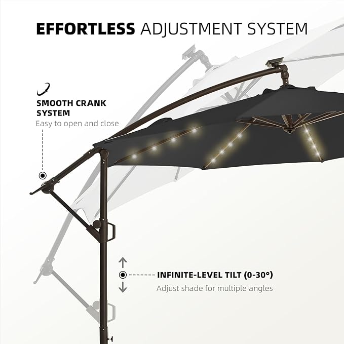 wikiwiki 10ft Solar LED Offset Hanging Market Cantilever Patio Umbrella for Backyard, Poolside, Lawn and Garden, Easy Tilt Adjustment, Polyester Shade & Cross Base, Carbon