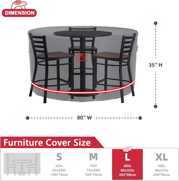 Turtle Life Patio Furniture Sets Cover, Heavry Duty Round Outdoor Dinning Table and Chairs Cover, Anti-Fading Cover for Outdoor Furniture Set, Black, Dia 80" x 35" H