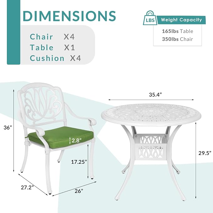 MEETWARM 5 Piece Patio Dining Set, Outdoor All-Weather Cast Aluminum Dining Table Set, Patio Furniture Set, Include 4 Chairs, 4 Cushions and 1 Round Table with Umbrella Hole, White