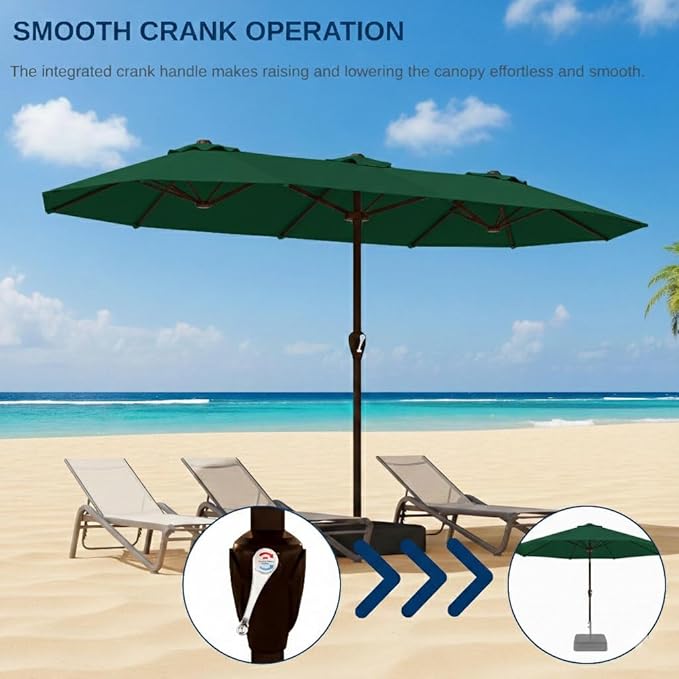 15FT Large Patio Umbrella with Base, Double Sided Rectangular Outdoor Umbrella with Sturdy Fiberglass Ribs, UPF 50+ Sun Protection, Wind-Resistant, Waterproof Fade-Resistant Fabric for Pool, Garden, Backyard, Deck(Dark Green)