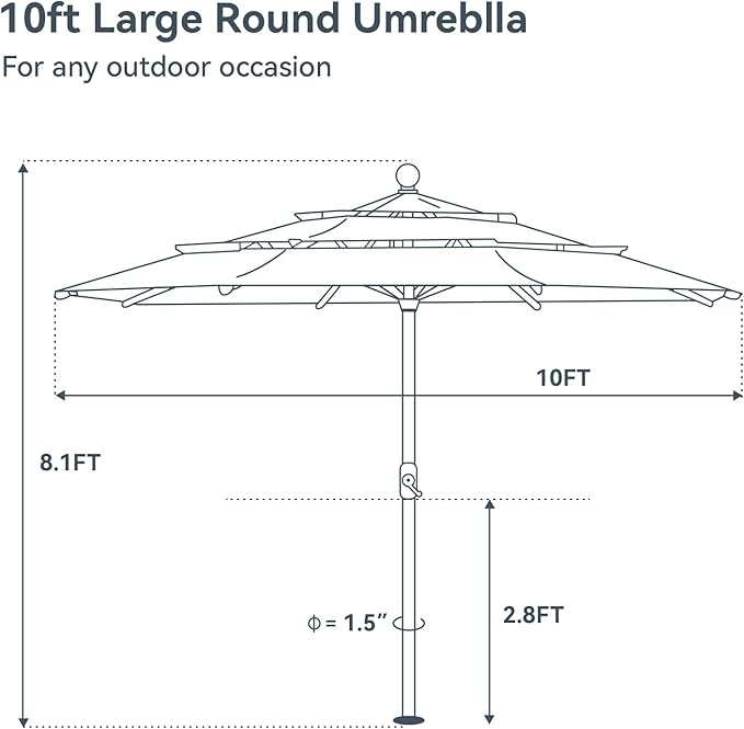 GREEN PARTY 10ft Outdoor Patio Umbrella, [Auto-Tilting] 3 Tiers Market Table Umbrellas with 1.5" Pole, 8 Sturdy Ribs, 3-Year-Non-Fading for Garden Deck Pool Backyard, Navy Blue