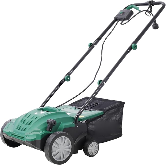 13" Electric Dethatcher and Scarifier 12 Amp Lawn Dethatcher with 31.7QT Collection Bag 2-in-1 Thatcher for Lawn Turf Vacuum for Artificial Grass Green