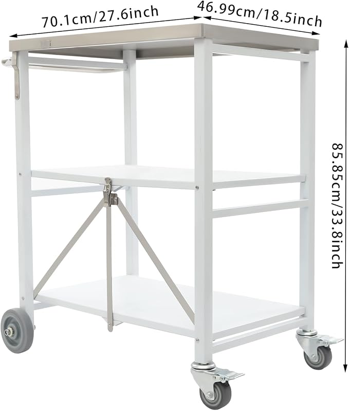 Foldable Outdoor Grill Table with 2 Total Lock Casters, Stainless Steel Pizza Oven Stand, 3 Shelf Folding Kitchen Island, Green, 27.6 x 18.5 (Silver, White, Grey)