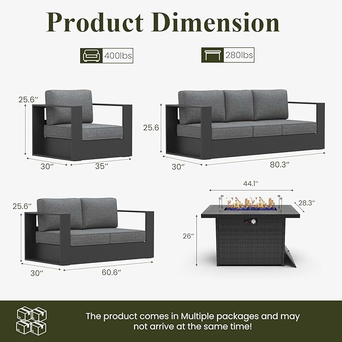 LayinSun Oversized Aluminum Outdoor Furniture Set, 5 Piece Patio Sofa Sets with Fire Pit Table, Deep Seating and Upgraded 6-inch Cushions for Porch, Balcony, Deck
