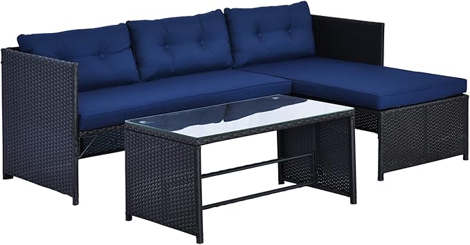 Outsunny 3 Piece Patio Furniture Set, Rattan Outdoor Sofa Set with Chaise Lounge & Loveseat, Soft Cushions, Tempered Glass Table, L-Shaped Sectional Couch, Blue