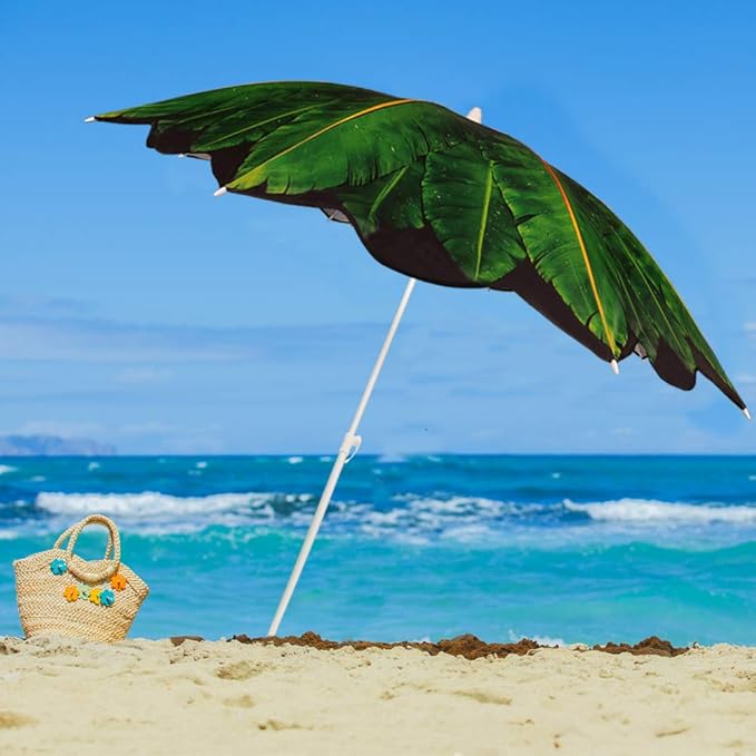 Sand Anchor 6.5 ft. Beach Umbrella with Tilt and Height Adjustable Connector UV Protection UPF 50+ (Banana Leaf).