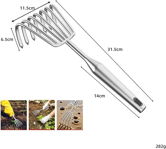 Hand Rake Stainless Steel Heavy Duty Garden Rake Weeding Tool Ergonomic Claw Rake Soil Tiller Portable Planting Rake Suitable for Flower Beds Yard Wor , 7 Tine