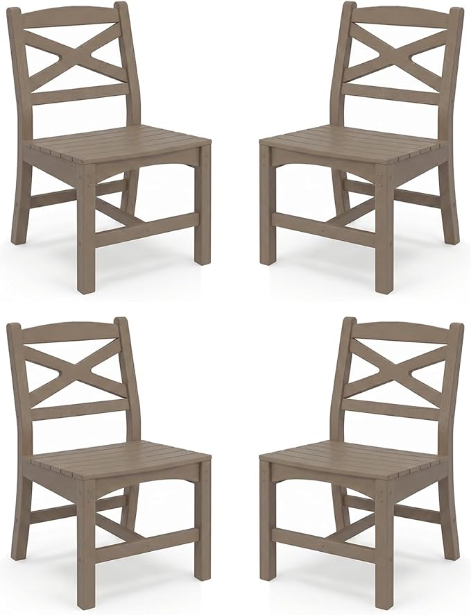Outdoor Armless Dining Chairs Set of 4,HDPE Patio Chairs with Wide Seat,All-Weather HDPE Patio Armless Chairs for Porch, Backyard, Deck, White Brown, Table not Included