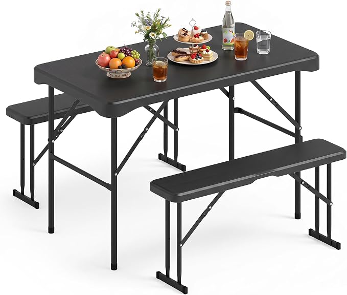 Giantex Folding Picnic Table Bench Set, Rectangular Patio Dining Table Set for 4, with HDPE Tabletop, Metal Frame, Space-Saving and Portable for Camping Party Dining BBQ (Black)