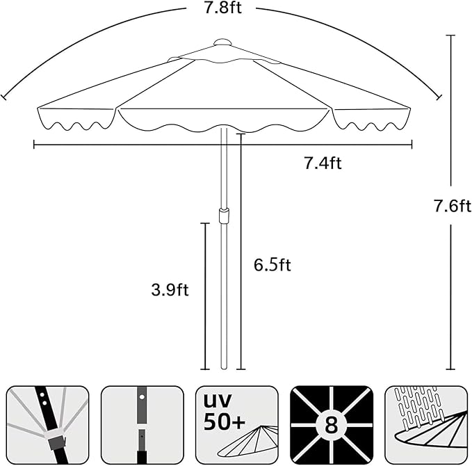 AMMSUN 7.8ft Seashore Umbrella, Outdoor Umbrella, Boho Beach & Patio Umbrella with UV 50+ Air Vent Ash Wood Pole Carry Bag & Water-Resistant Canvas (Rivulet Red)