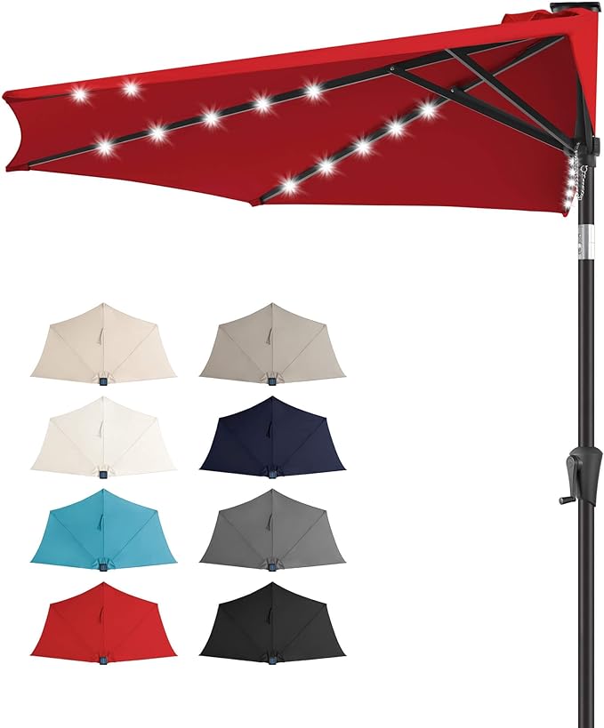 FLAME&SHADE 9 FT Solar Half Patio Umbrella with 25 LED Lights, Half Outdoor Umbrella with Button Tilt, Half Round Table Umbrella For Deck, Backyard, Balconies, Decks, Rvs, UV Protection (Red)