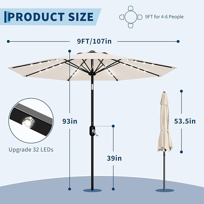 Garvee 9/10 FT Solar Patio Umbrella with 32 LED Lights - Outdoor Table Umbrella with Crank Lift, Push Button Tilt and 8 Sturdy Ribs - Market Umbrella UV Protection for Pool, Deck, Yard, Garden