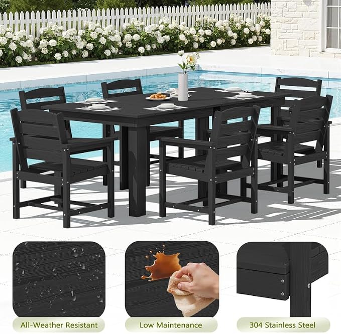 KINGYES 8-Piece HDPE Outdoor Dining Set for 6, Square Patio Table & Armchairs with Umbrella Hole, All-Weather Patio Dining Set for Backyard, Garden, Lawn & Poolside, Black