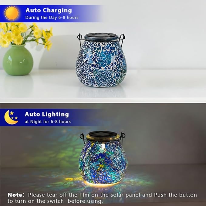 Stargarden 4 Pack Mosaic Solar Lantern ,Outdoor Hanging Waterproof Mosaic Light Solar Table Lamp for Garden ,Patio,Yard Decor (Blue )