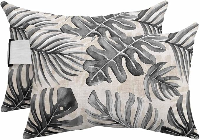 Pack of 2 Outdoor Lumbar Pillow Covers 11x16 Inch, Balck Monstera Deliciosa Waterproof Throw Pillow Covers Set, Summer Botanical Tropical Vintage Decorative Cushion Cases for Patio Porch Car