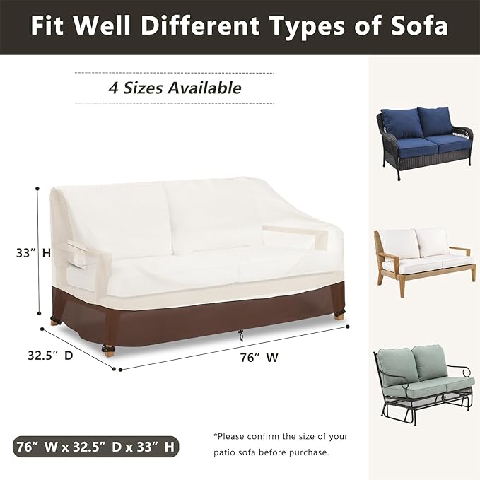 Outdoor Couch Cover, 3-Seater Patio Sofa Covers Fits up to 76" W x 32.5" D x 35" H, Waterproof Patio Furniture Covers, Beige