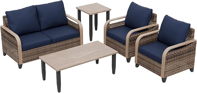 Modern Wicker Patio Furniture Set, Rattan Outdoor Conversation Set with Comfortable Cushions, 2 Patio Chairs, 2 Seat Loveseat, Coffee Table and Side Table, 5 Pieces, Brown/Blue