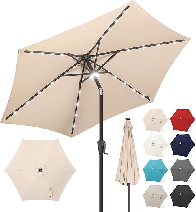 FLAME&SHADE 10ft Solar Outdoor Umbrella - 24 LED Lighted Patio Umbrella with Centre Surround Light, Table Umbrellas with Tilt & Crank for Pool, Porch, Garden, Deck, Backyard UV Protection (Beige)