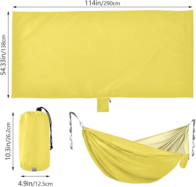 Yellow Solid Color Camping Hammock, Portable Lightweight Single Hammock with Tree Straps and Aluminum Carabiners, 114" x 54" Travel Hammock for Hiking Backpacking Beach