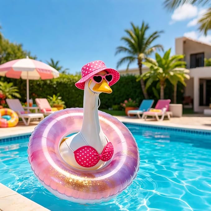 Hawaiian Porch Goose Outfit with Sunglasses & Wreath, Goose Summer Outfit Porch Goose Bikini Clothes Costume Fits 23" Geese Statue, Summer Garden Lawn Patio Yard Outdoor Decor (Summer style-Pink)