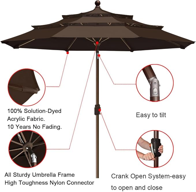 EliteShade USA 10-Year-Non-Fading 9ft 3-Tier Market Patio Umbrella, Commercial Grade Outdoor Table Umbrella with Crank Open, Windproof & UPF 50+ UV Protection, Heavy Duty Ventilation for Garden, Deck, Pool, Backyard, Beach & Bistro, Chestnut
