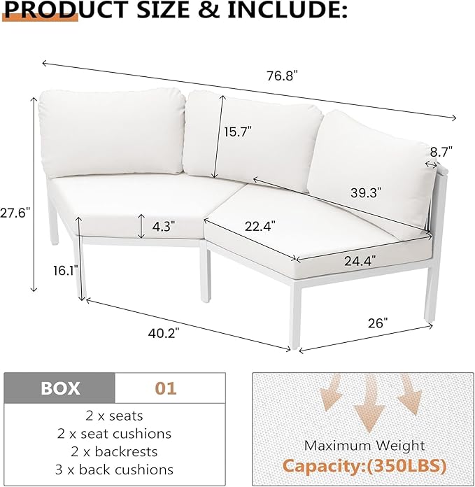 Pellebant 2-Piece Modern Curved Patio Conversation Set - Aluminum Half Moon Outdoor Sofa Furniture, Sturdy All-Weather Seating for Porch, Balcony, Garden, Beige