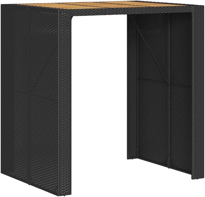 Outdoor Bar Table Black Poly Rattan with Acacia Wood Top, Large Rectangular Patio Furniture for Garden Balcony Terrace, 31.5x41.3x43.3 Inch Steel Frame