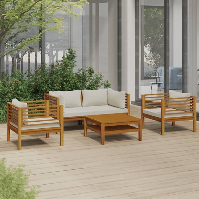 Patio Lounge Set with Cream Cushion,Patio Furniture Sets,Patio Conversation Sets,Outdoor Furniture Sets,for Garden,Backyard,Outdoor,5 Piece Solid Acacia Wood