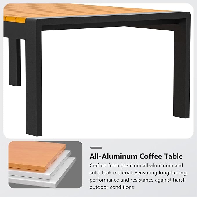 Aluminum Outdoor Patio Coffee Table for for Deck, and Poolside (Black, Dark Teak)